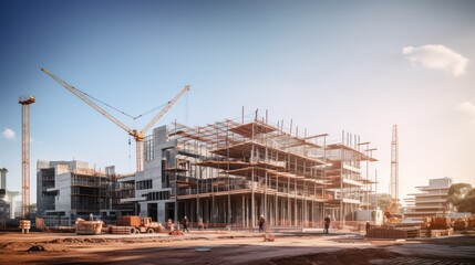Fototapeta premium Construction background: A Construction site of large residential commercial building, some already built, large metal structure with bright sky background.
