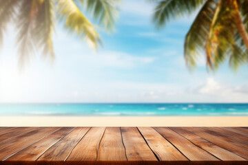 Empty wooden table by the tropical ocean, a display of tranquility and relaxation. Paradise found with palm trees, a blue sky, and a serene beach. Is AI Generative.