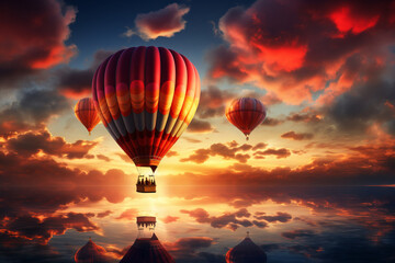 Hot air balloon in vibrant colors near sunlight, flying over rugged mountains. Serene exploration, a thrilling ride in the tranquil sky. AI Generative allure is.