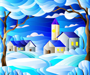 Illustration in stained glass style, urban winter landscape,roofs and trees against the day sky and snow