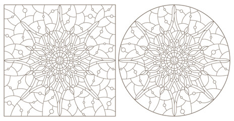 Set of contour illustrations in the stained glass style with snowflakes, oval and square images, dark contours on a white background