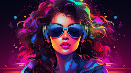 schöne Frau mit Sonnenbrille und Kopfhörer im Retro Look mit Neonfarben und Lichteffekten. Querformat. Generative Ai.