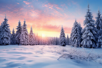 A winter landscape with snow-covered pine trees and the setting sun. Calmness and natural lighting bring out the serene beauty of this scenery. This description is AI Generative.