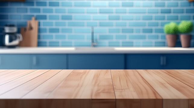 Wooden countertop on the background of a blue kitchen. Sunny warm morning time.