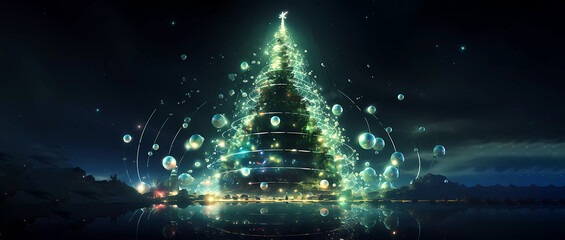 Christmas abstract tree. Winter landscape. Lights. Christmas. Close-up. Banner. Generated AI. Photoshop has been improved. - obrazy, fototapety, plakaty