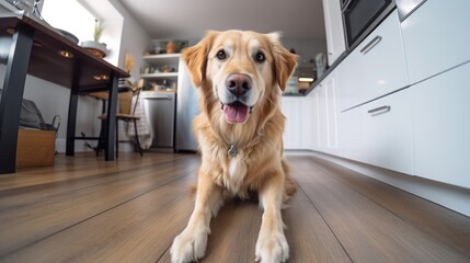 A dog sits on the kitchen floor looking at you pleadingly. Fish-eye lens. High-angle camera.