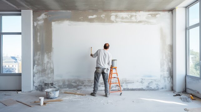 A Home renovator repairing old wall paint, house wall repair, painter, paint, paint plot, architect.
