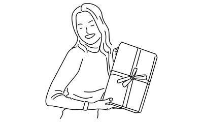 line art of woman with gift box