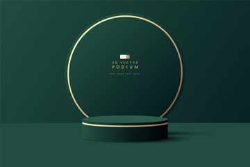 Luxury dark green 3D cylinder podium realistic or pedestal stage for product display presentation with round circle shape backdrop. Minimal scene for mockup. stage showcase. 3d vector geometric form. - obrazy, fototapety, plakaty