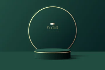 Fotobehang Luxury dark green 3D cylinder podium realistic or pedestal stage for product display presentation with round circle shape backdrop. Minimal scene for mockup. stage showcase. 3d vector geometric form. © BBoVector