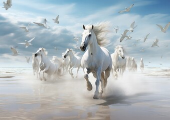 Seagulls Soaring Above Majestic White Horses Galloping Along the Sandy Shoreline