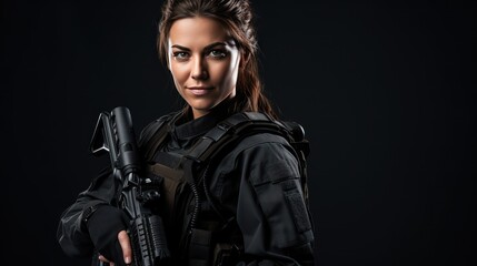 Fototapeta na wymiar A Beautiful female special agent commando smiling in operational gear and weapons.