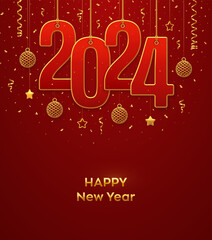 Happy New 2024 Year. Hanging on gold ropes numbers 2024 with shining 3D metallic stars, balls and confetti on red background. New Year greeting card, banner template. Realistic Vector illustration.