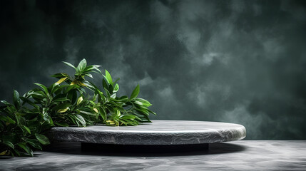 Round natural black podium for a product with green plants on a green background.
