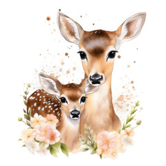Cute mom and baby deer with flower Illustration, Generative Ai