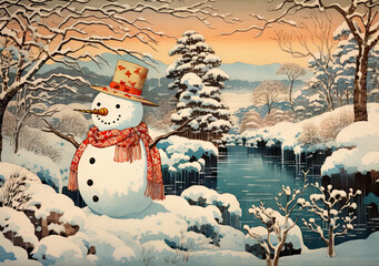 Snowman in a christmas xmas winter landscape Ukiyo-E style