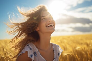 Joyful young woman with flowing hair enjoying sunshine in a golden wheat field - obrazy, fototapety, plakaty