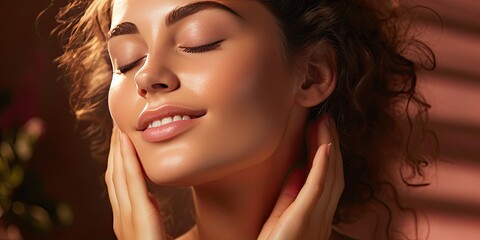 A young and very beautiful girl feels her face after peeling and smiles. Cosmetic procedures. Generated by AI.