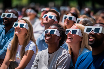 group of people very excited in the park watching solar eclipse through safe solar viewing glasses - obrazy, fototapety, plakaty