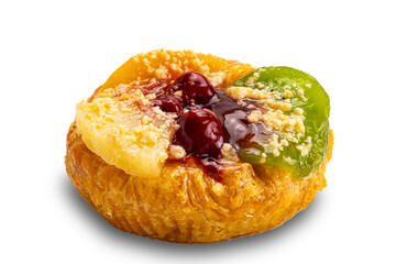 High angle view of delicious homemade mixed fruit danish isolated on white background with clipping path.