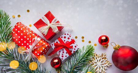 christmas background with gift boxes and christmas tree