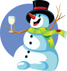 Snowman Holding a Glass of Champagne Vector Cartoon Illustration. Funny Christmas character celebrating with white wine glass 
