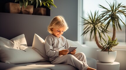 A little boy sits at home and plays game on the phone every day. The problem of children's addiction to digital gadgets	