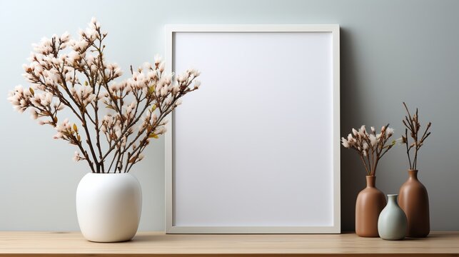White vases with flowers stand on a shelf next to a white white frame with text image. Copy space minimalism style