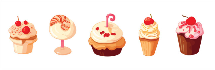 Little delicious cupcakes vector set. Cute colorful cream cupcakes of different taste and color. Flat vector dessert decoration clip art set.
