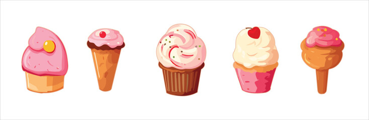 Sweet food 3d realistic render vector icon set. Cake, donut, croissant, cupcake, ice cream, chocolate. Cupcakes with raspberries, donut, chocolate. 3d realistic vector sweet desserts. Food icons