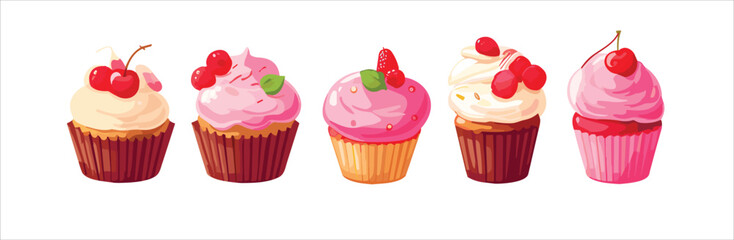 Cupcake, fairy cake. 3d realistic vector icon set. Falling cupcake and donuts. 3d realistic vector background
