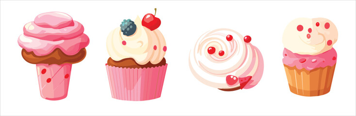 Set of realistic cupcakes with sprinkles, cream and icing isolated on transparent background. 3d vector illustration