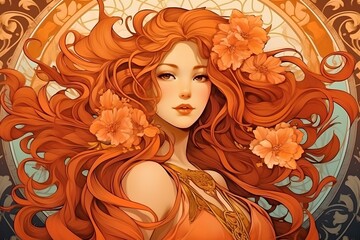 portrait of a gorgeous woman, in the style of art nouveau, hand painted, vintage illustration artwork. generative AI