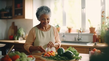 Elderly senior pensioner female standing in domestic kitchen preparing food for dinner or breakfast meal, retired woman cooking, Hispanic grandmother happy cutting tomatoes fresh vegetables on board - Powered by Adobe
