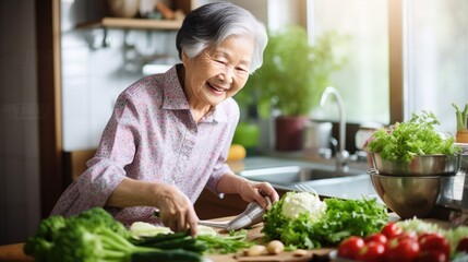 Obraz na płótnie Canvas Elderly Asian woman cooking healthy salad soup cut vegetables and tomatoes work in domestic kitchen near window with natural sun light, happy pensioner female retirement prapare food meal for family