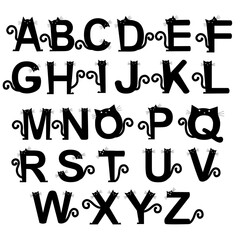 Black cat stylized alphabet set A to Z, Decorative Letters with ear, whiskers and tail. Vector illustration.
