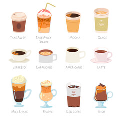 Various caffeine drinks, beverages for cafe menu