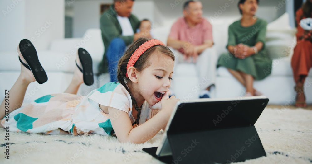 Poster Girl child, happy and tablet on floor in family home for movie, streaming subscription and relax in living room. Kid, digital touchscreen and smile on carpet with cartoon, video or learning in house