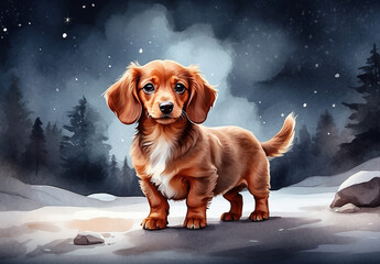 Cute red longhaired dachshund puppy standing on snow at moon night with stars in winter illustration - obrazy, fototapety, plakaty