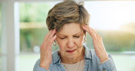 Stress, headache or old woman in home with burnout, worry or fatigue in retirement frustrated by...