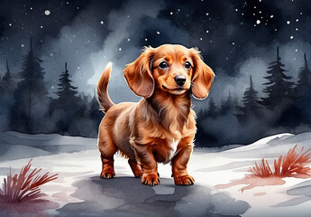 Cute red longhaired dachshund puppy standing on snow at moon night with stars in winter illustration - obrazy, fototapety, plakaty