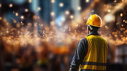 Confident worker in hard hat stands amid a bustling construction site, sharply dressed, foreground focused against a blurred backdrop.