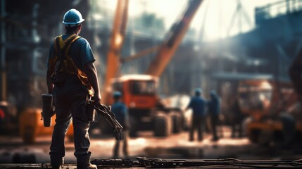 Confident worker in hard hat stands amid a bustling construction site, sharply dressed, foreground focused against a blurred backdrop.