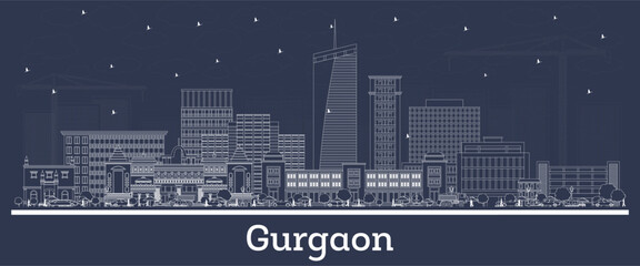 Outline Gurgaon India city skyline with white buildings. Business travel and tourism concept with historic architecture. Gurgaon cityscape with landmarks.