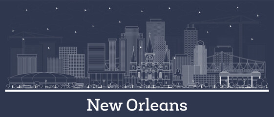 Outline New Orleans Louisiana city skyline with white buildings. Business travel and tourism concept with historic architecture. New Orleans cityscape with landmarks.