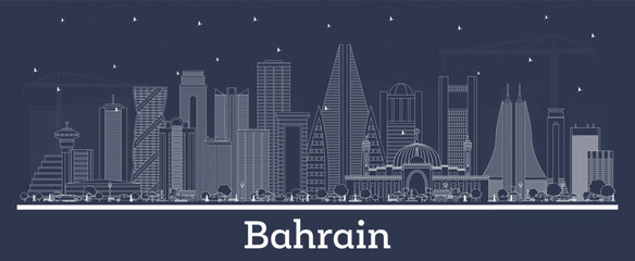 Outline Bahrain city skyline with white buildings. Business travel and tourism concept with historic architecture. Bahrain cityscape with landmarks.