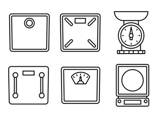 Analog and digital body weight scale icon set. Mechanical scale. Outline object isolated on white background. Icon for web.