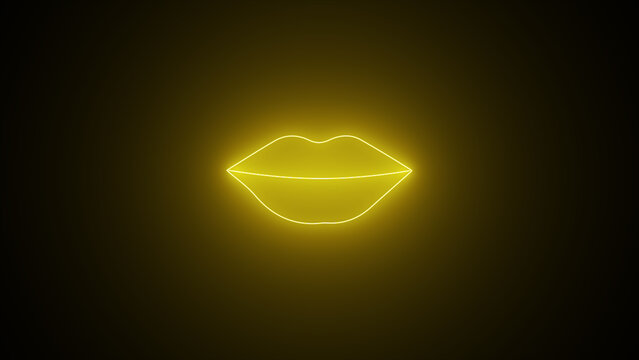 Fashion yellow lips neon line illumination illustration in outline style. Female mouth sign of kiss or love isolated. Glowing romantic symbol. neon lips icon, sign, symbol. Simple icon for websites,