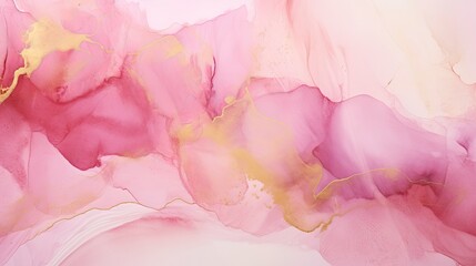 Pastel Pink and White Abstract Background with Golden Cracks in Alcohol Ink Art Style.