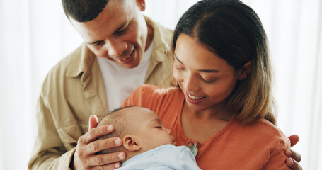 Family, love and parents with baby happy for bonding, healthy relationship and childcare in home....